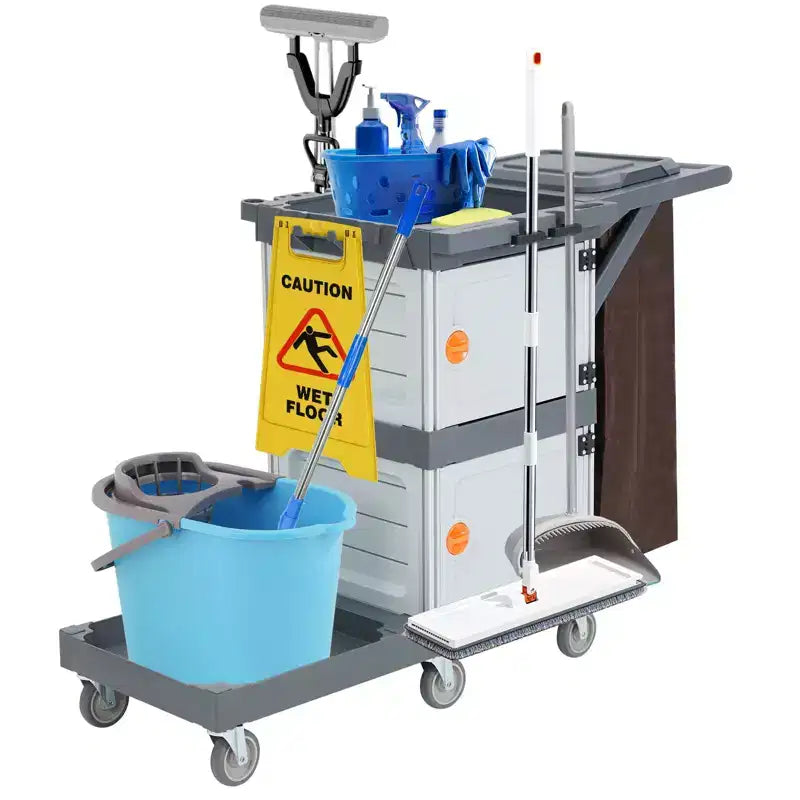 Commercial Janitorial Cart, 3-Shelf Housekeeping Cart with Storage Cabinets and Laundry Bag