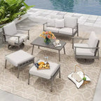 HAPPATIO 6-teiliges Outdoor-Konversationsset aus Aluminium mit 1 Zweisitzer-Sofa, Couchtisch, 2 Drehsesseln und Hockern