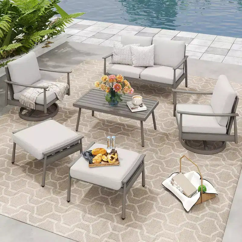 HAPPATIO 6-teiliges Outdoor-Konversationsset aus Aluminium mit 1 Zweisitzer-Sofa, Couchtisch, 2 Drehsesseln und Hockern
