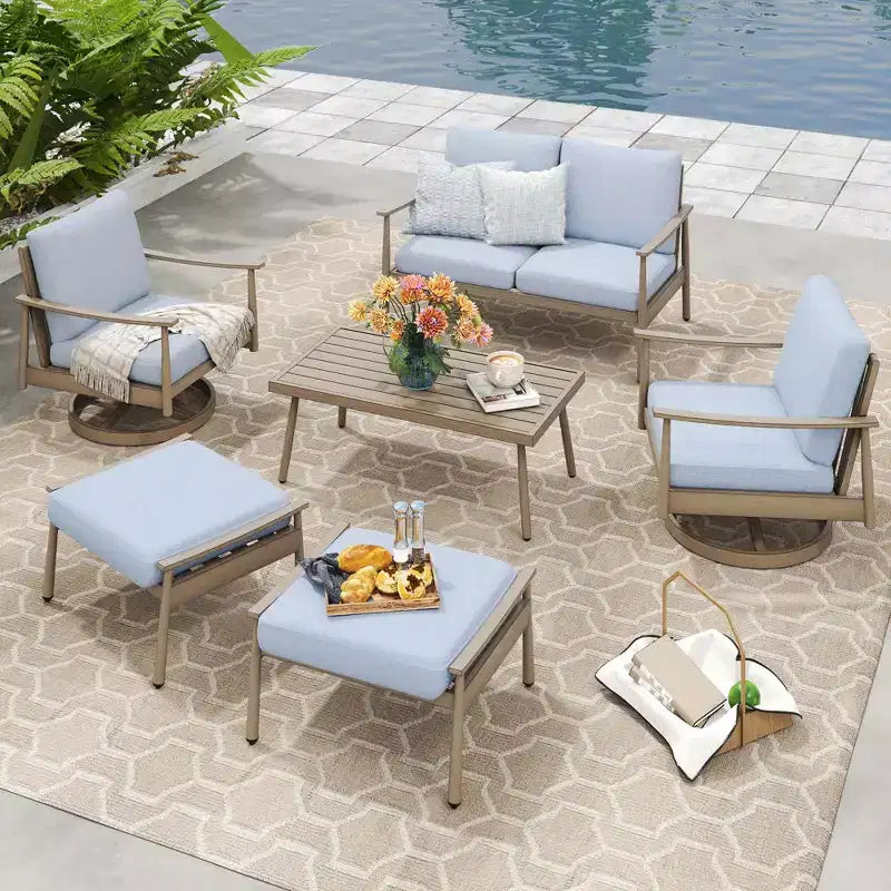 HAPPATIO 6-teiliges Outdoor-Konversationsset aus Aluminium mit 1 Zweisitzer-Sofa, Couchtisch, 2 Drehsesseln und Hockern