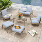 HAPPATIO 6-teiliges Outdoor-Konversationsset aus Aluminium mit 1 Zweisitzer-Sofa, Couchtisch, 2 Drehsesseln und Hockern