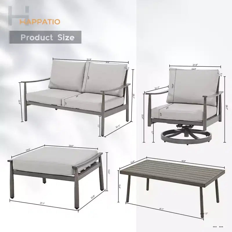HAPPATIO 6-teiliges Outdoor-Konversationsset aus Aluminium mit 1 Zweisitzer-Sofa, Couchtisch, 2 Drehsesseln und Hockern
