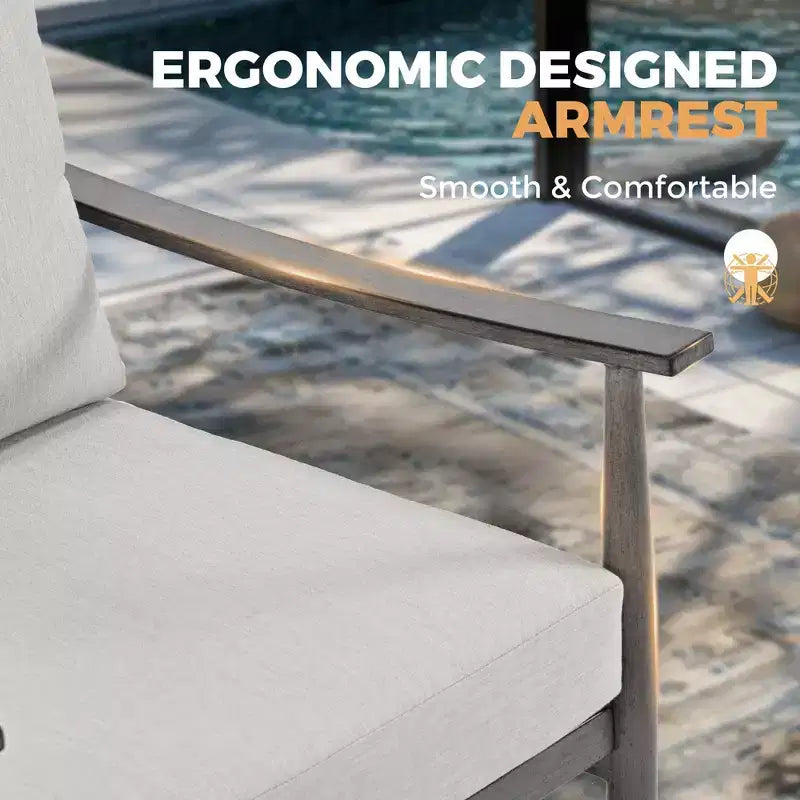 HAPPATIO 6-teiliges Outdoor-Konversationsset aus Aluminium mit 1 Zweisitzer-Sofa, Couchtisch, 2 Drehsesseln und Hockern