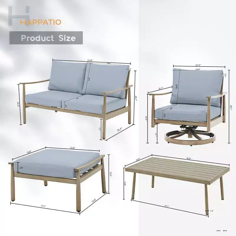 HAPPATIO 6-teiliges Outdoor-Konversationsset aus Aluminium mit 1 Zweisitzer-Sofa, Couchtisch, 2 Drehsesseln und Hockern