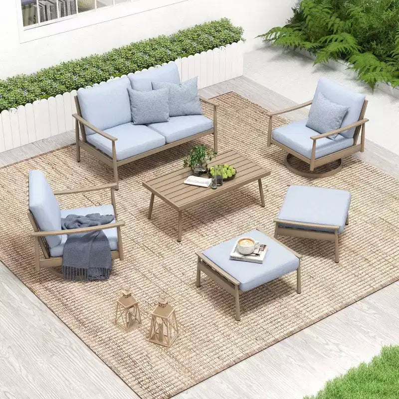 HAPPATIO 6 Pieces Aluminum Outdoor Conversation Set with 1 Loveseat,Coffee Table, 2 Swivel Chairs and Ottomans