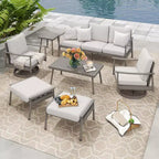 HAPPATIO 7-teiliges Aluminium-Gartengesprächs-Set bestehend aus 1 Dreisitzer-Sofa, Beistelltisch, Couchtisch, 2 Drehstühlen und Hockern
