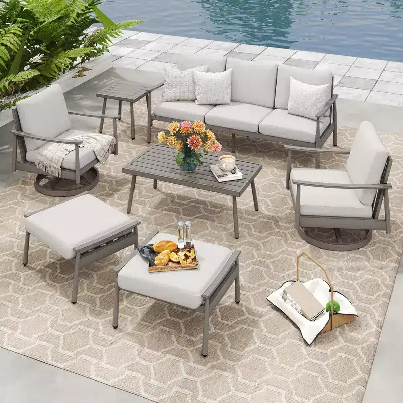 HAPPATIO 7-teiliges Aluminium-Gartengesprächs-Set bestehend aus 1 Dreisitzer-Sofa, Beistelltisch, Couchtisch, 2 Drehstühlen und Hockern