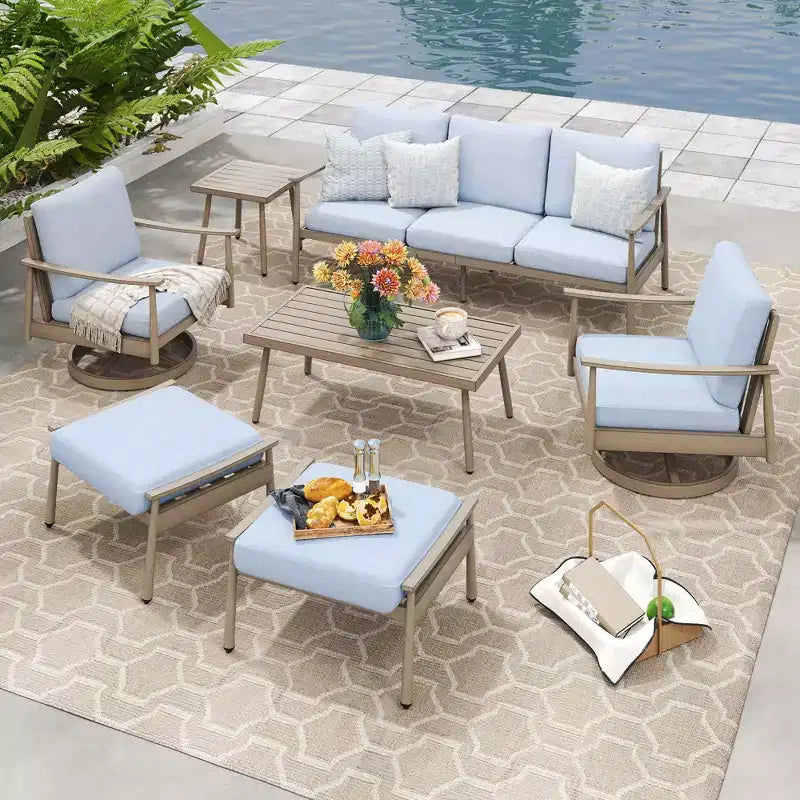 HAPPATIO 7-teiliges Aluminium-Gartengesprächs-Set bestehend aus 1 Dreisitzer-Sofa, Beistelltisch, Couchtisch, 2 Drehstühlen und Hockern