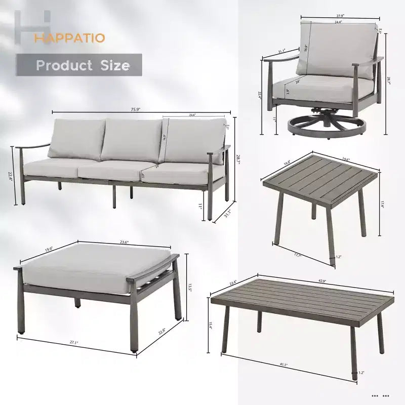 HAPPATIO 7-teiliges Aluminium-Gartengesprächs-Set bestehend aus 1 Dreisitzer-Sofa, Beistelltisch, Couchtisch, 2 Drehstühlen und Hockern
