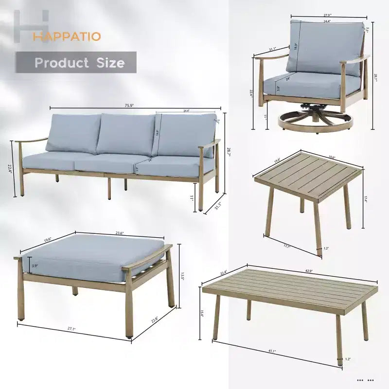 HAPPATIO 7-teiliges Aluminium-Gartengesprächs-Set bestehend aus 1 Dreisitzer-Sofa, Beistelltisch, Couchtisch, 2 Drehstühlen und Hockern