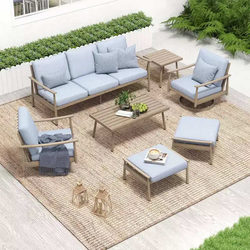 HAPPATIO 7 Pieces Aluminum Outdoor Conversation Set Includes 1 Three-Seater Sofa, Side Table, Coffee Table, 2 Swivel Chairs and Ottomans
