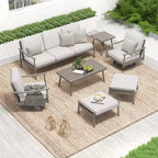 HAPPATIO 7-teiliges Aluminium-Gartengesprächs-Set bestehend aus 1 Dreisitzer-Sofa, Beistelltisch, Couchtisch, 2 Drehstühlen und Hockern