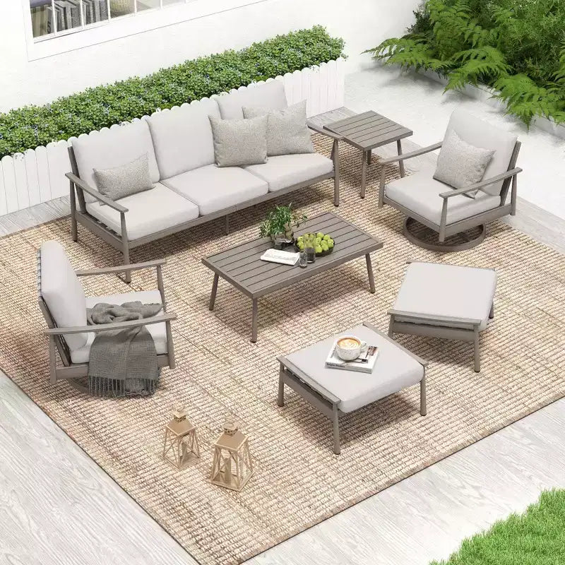 HAPPATIO 7-teiliges Aluminium-Gartengesprächs-Set bestehend aus 1 Dreisitzer-Sofa, Beistelltisch, Couchtisch, 2 Drehstühlen und Hockern