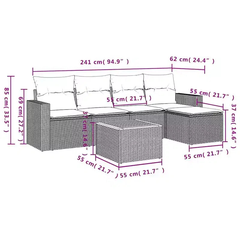 vidaXL Garten-Sofagarnitur Schwarz Polyrattan 6-teilige Modulare Garten-Sofagarnitur