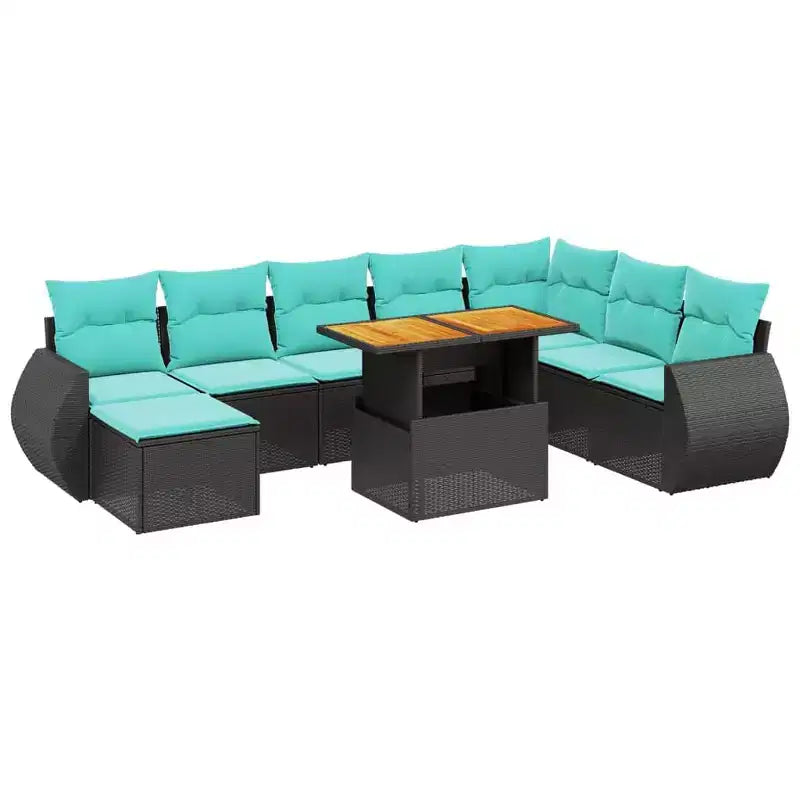 vidaXL 9 Piece Patio Sofa Set with Cushions Black and Blue Poly Rattan