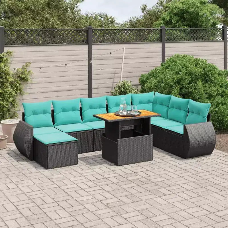 vidaXL 9-teiliges Lounge-Set mit Kissen Schwarz und Blau Polyrattan