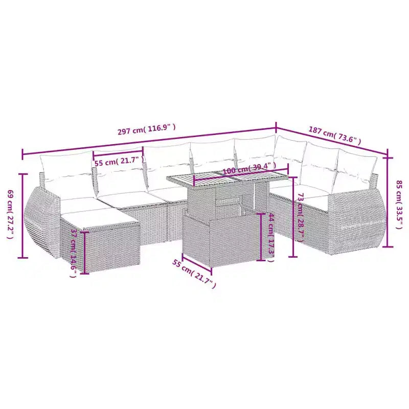 vidaXL 9-teiliges Lounge-Set mit Kissen Schwarz und Blau Polyrattan