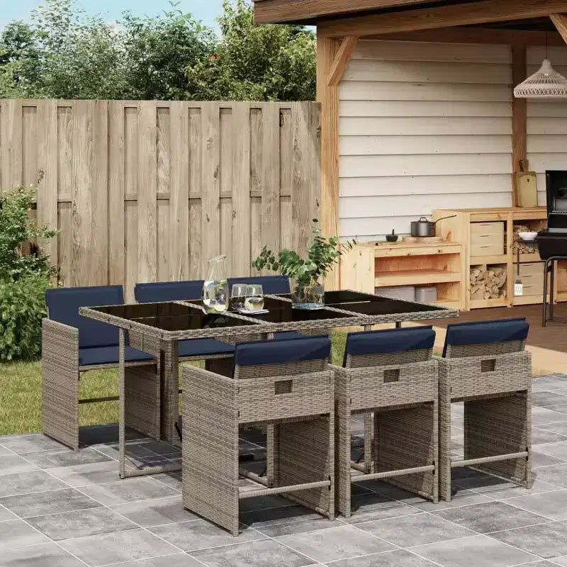 vidaXL Garten-Essgruppe, 7-teiliger Esstisch und Stühle für den Außenbereich, Grau und Marineblau Polyrattan