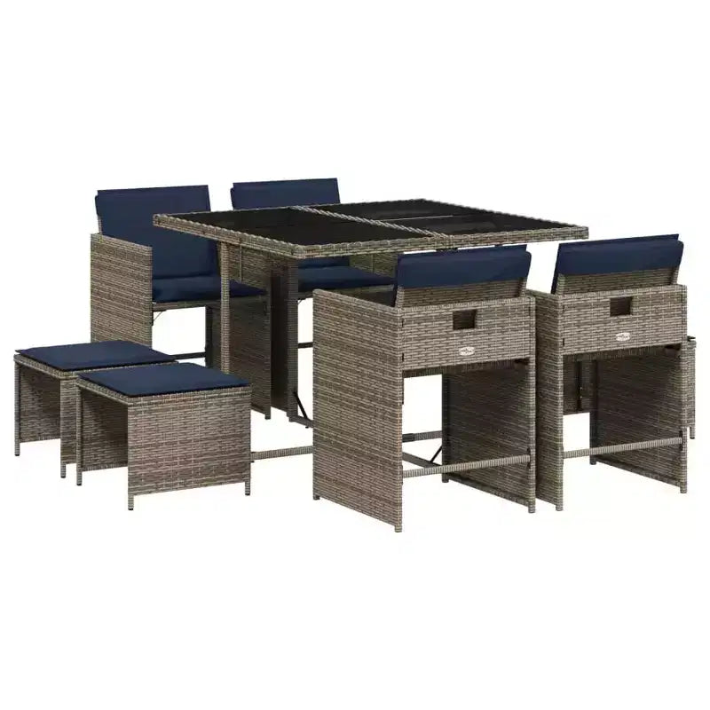 vidaXL Patio Dining Set Set of 8 Gray Poly Rattan Large Foldable