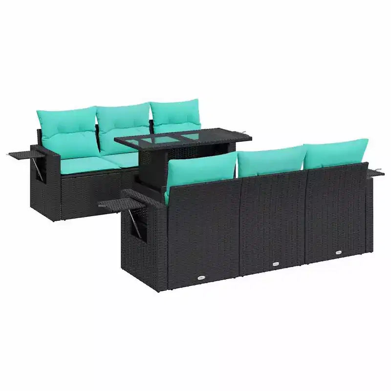 vidaXL Patio Sofa Set with Cushions Conversation Set 7 Piece Poly Rattan Acacia - Black