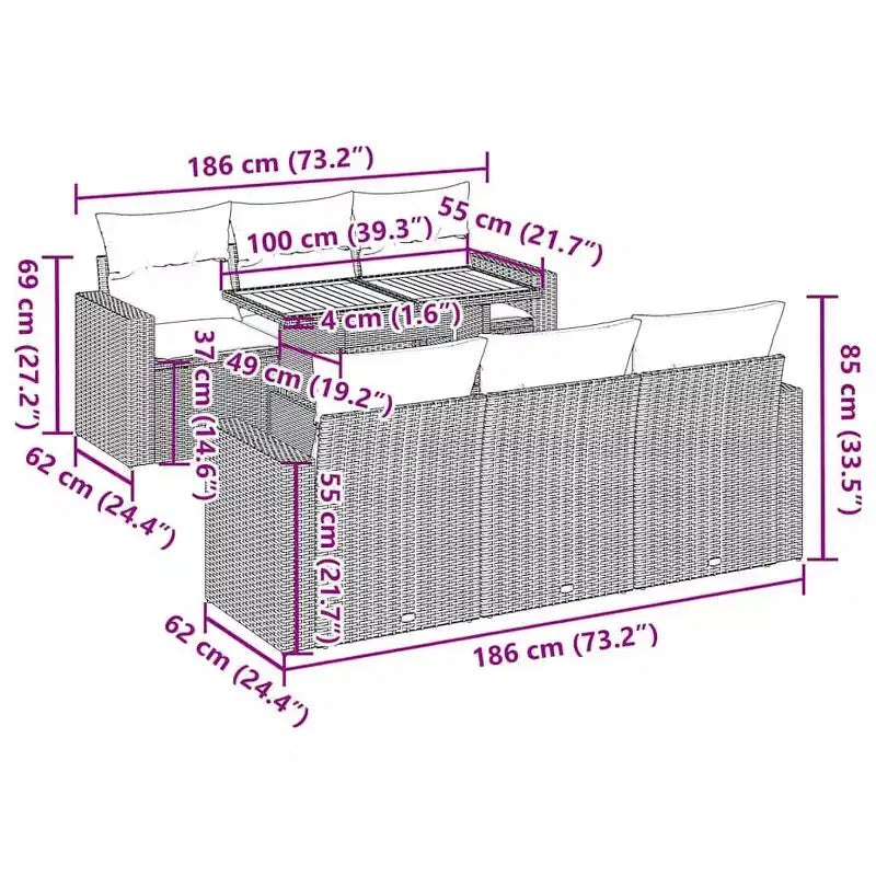 vidaXL 7-teiliges Loungeset mit Kissen Polyrattan Schwarz