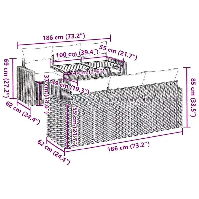 vidaXL 7-teiliges Loungeset mit Kissen Polyrattan Schwarz