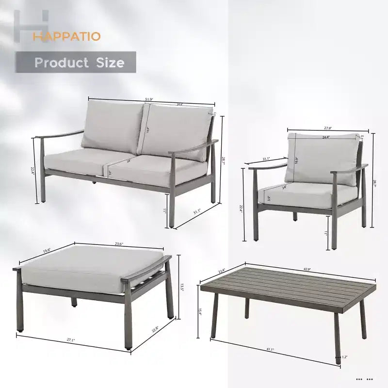 HAPPATIO Patio Gartenmöbel-Set – 6-teiliges Aluminium Outdoor Sitzgruppe mit Loveseat, Sesseln, Couchtisch und Ottomanen für Garten, Veranda