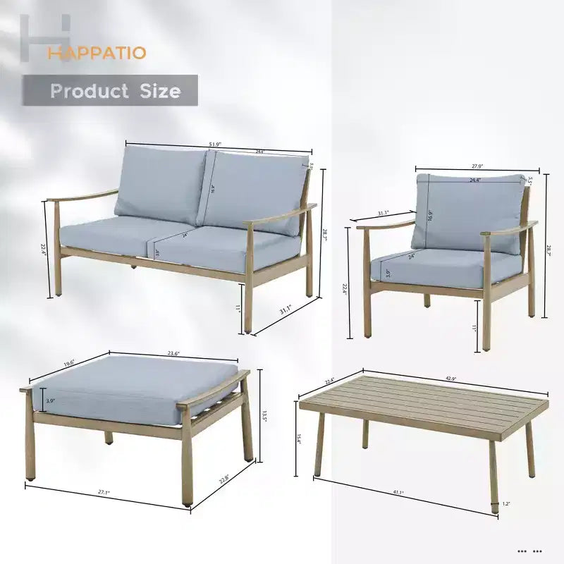 HAPPATIO Patio Gartenmöbel-Set – 6-teiliges Aluminium Outdoor Sitzgruppe mit Loveseat, Sesseln, Couchtisch und Ottomanen für Garten, Veranda