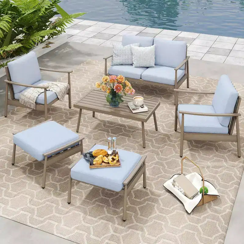 HAPPATIO Patio Gartenmöbel-Set – 6-teiliges Aluminium Outdoor Sitzgruppe mit Loveseat, Sesseln, Couchtisch und Ottomanen für Garten, Veranda