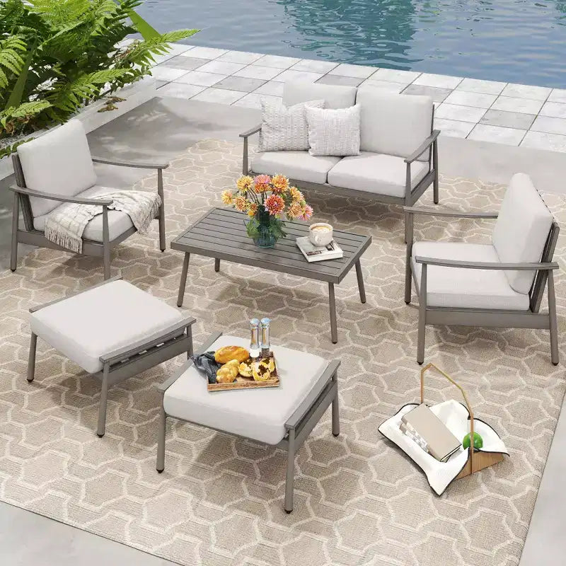 HAPPATIO Patio Gartenmöbel-Set – 6-teiliges Aluminium Outdoor Sitzgruppe mit Loveseat, Sesseln, Couchtisch und Ottomanen für Garten, Veranda