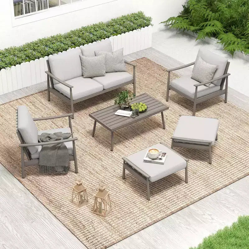 HAPPATIO Patio Gartenmöbel-Set – 6-teiliges Aluminium Outdoor Sitzgruppe mit Loveseat, Sesseln, Couchtisch und Ottomanen für Garten, Veranda