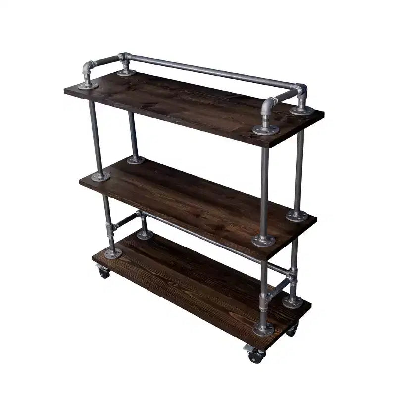 Pipe Decor Three-tier Wood Shelf Industrial Bar Cart with Locking Wheels, Boulder Black