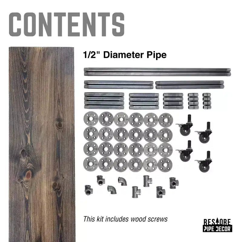 Pipe Decor Dreistufiges Holzregal Industrial Barwagen mit feststellbaren Rollen, Boulder Black