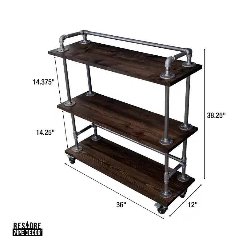 Pipe Decor Dreistufiges Holzregal Industrial Barwagen mit feststellbaren Rollen, Boulder Black