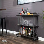 Pipe Decor Dreistufiges Holzregal Industrial Barwagen mit feststellbaren Rollen, Boulder Black