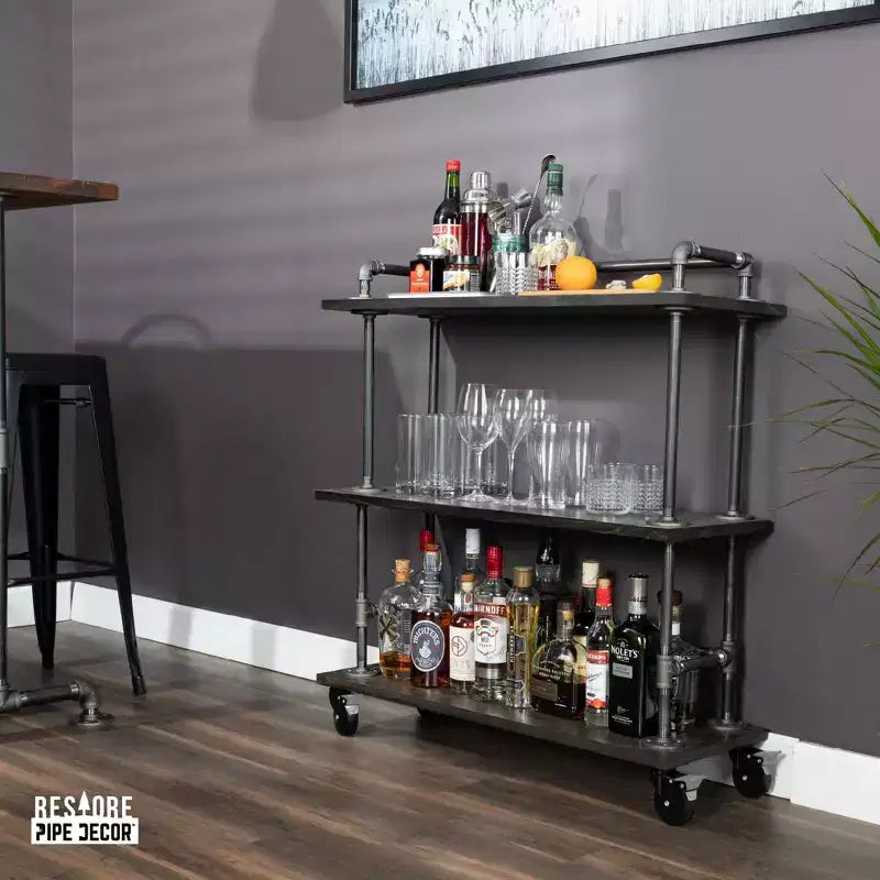 Pipe Decor Dreistufiges Holzregal Industrial Barwagen mit feststellbaren Rollen, Boulder Black