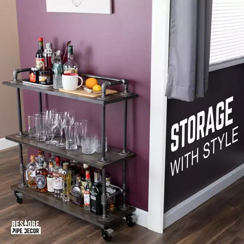 Pipe Decor Dreistufiges Holzregal Industrial Barwagen mit feststellbaren Rollen, Boulder Black