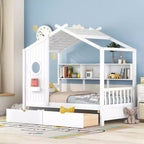 House Bed with Roof and Window, Wooden Daybed Frame with Shelves and 2 Drawers for Kids Girls Boys, White