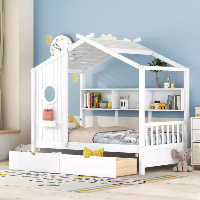 House Bed with Roof and Window, Wooden Daybed Frame with Shelves and 2 Drawers for Kids Girls Boys, White