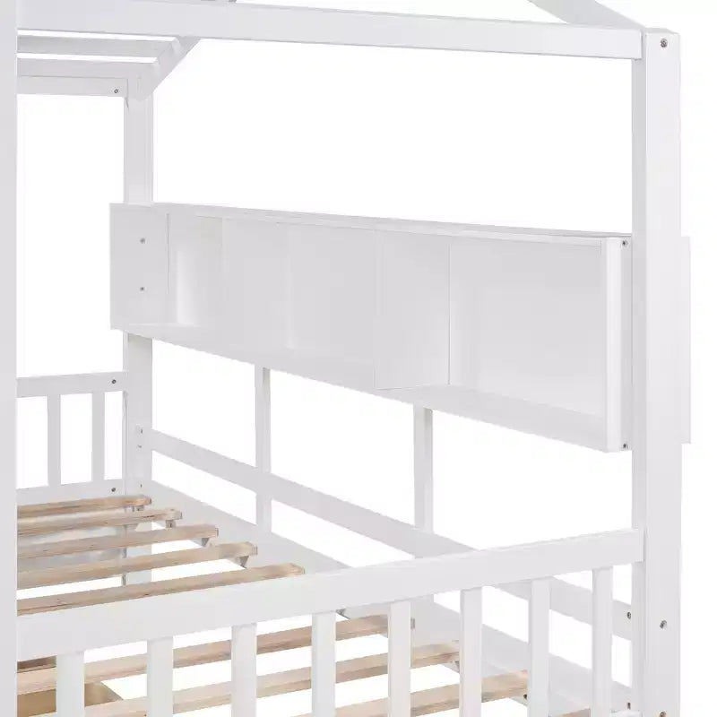 Hausbett mit Dach und Fenster, Holz-Tagesbettrahmen mit Regalen und 2 Schubladen für Kinder Mädchen Jungen, Weiß