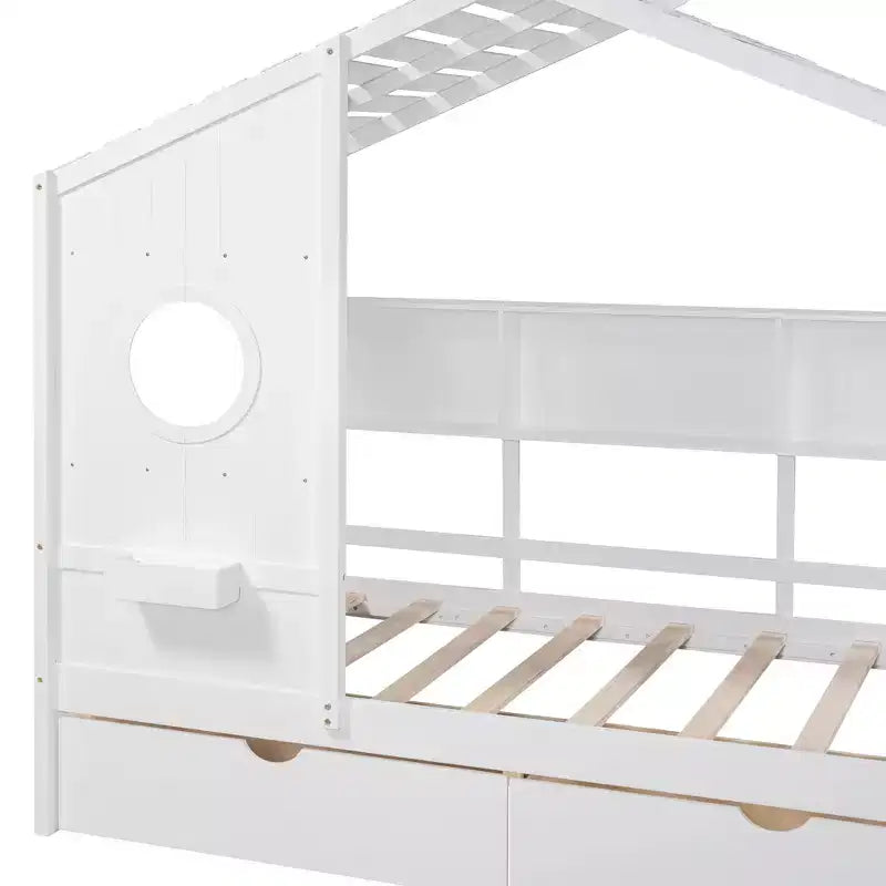 Hausbett mit Dach und Fenster, Holz-Tagesbettrahmen mit Regalen und 2 Schubladen für Kinder Mädchen Jungen, Weiß
