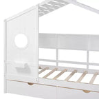Hausbett mit Dach und Fenster, Holz-Tagesbettrahmen mit Regalen und 2 Schubladen für Kinder Mädchen Jungen, Weiß