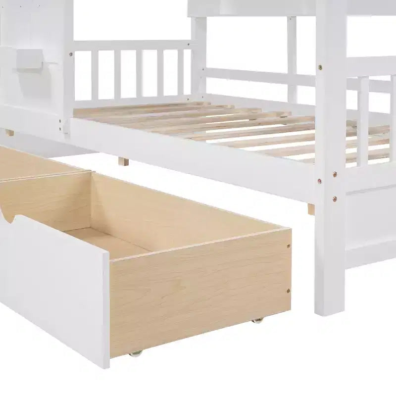 Hausbett mit Dach und Fenster, Holz-Tagesbettrahmen mit Regalen und 2 Schubladen für Kinder Mädchen Jungen, Weiß