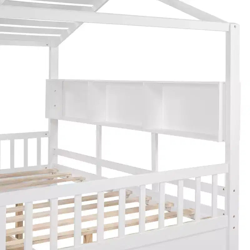 Hausbett mit Dach und Fenster, Holz-Tagesbettrahmen mit Regalen und 2 Schubladen für Kinder Mädchen Jungen, Weiß