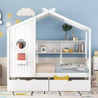 Hausbett mit Dach und Fenster, Holz-Tagesbettrahmen mit Regalen und 2 Schubladen für Kinder Mädchen Jungen, Weiß