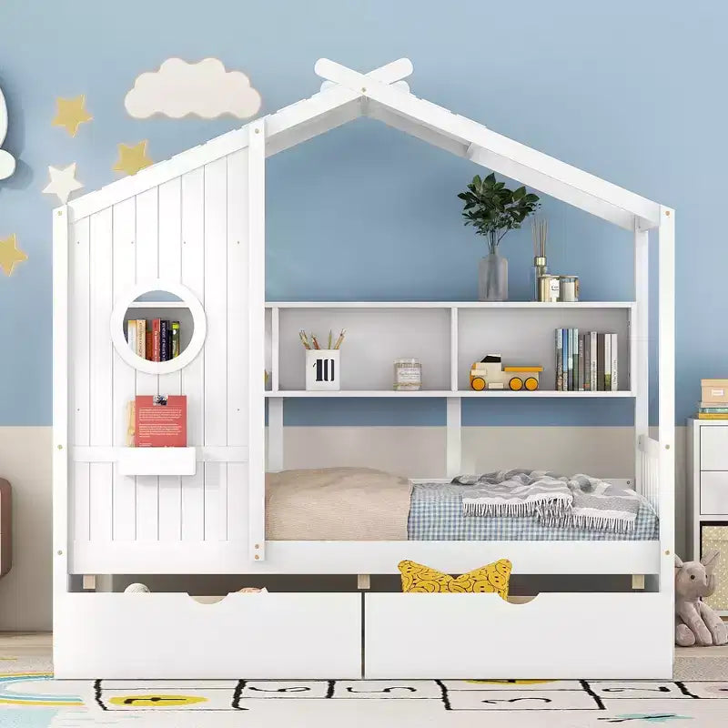 Hausbett mit Dach und Fenster, Holz-Tagesbettrahmen mit Regalen und 2 Schubladen für Kinder Mädchen Jungen, Weiß