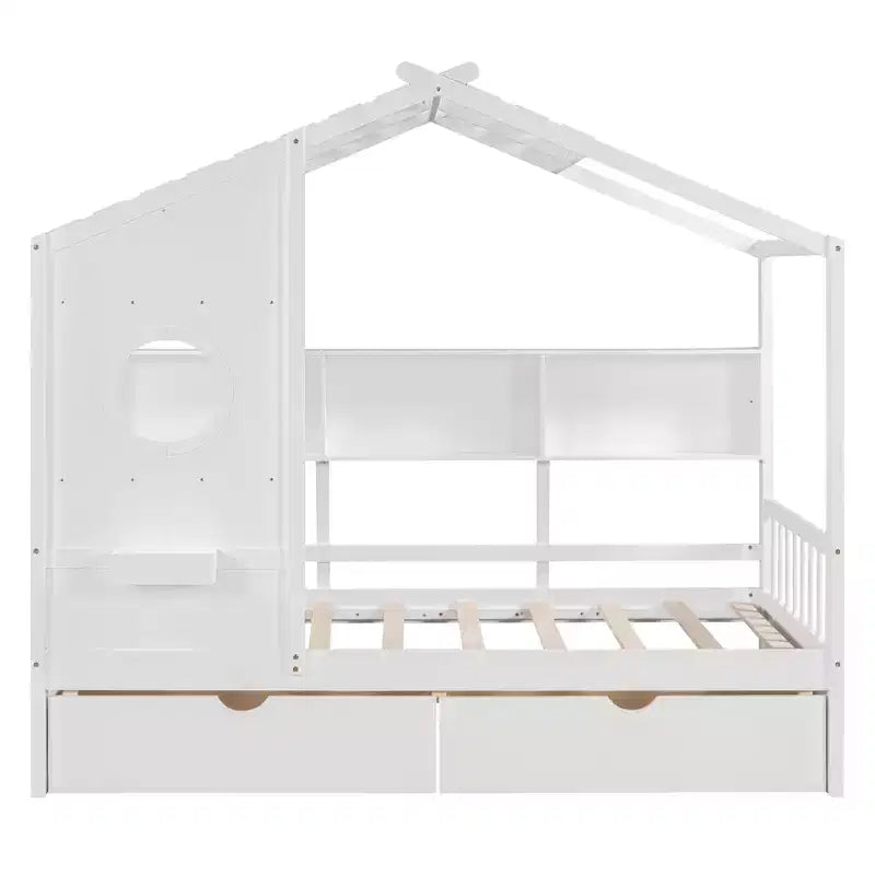 Hausbett mit Dach und Fenster, Holz-Tagesbettrahmen mit Regalen und 2 Schubladen für Kinder Mädchen Jungen, Weiß