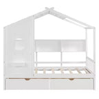 Hausbett mit Dach und Fenster, Holz-Tagesbettrahmen mit Regalen und 2 Schubladen für Kinder Mädchen Jungen, Weiß