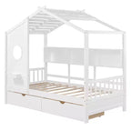 Hausbett mit Dach und Fenster, Holz-Tagesbettrahmen mit Regalen und 2 Schubladen für Kinder Mädchen Jungen, Weiß