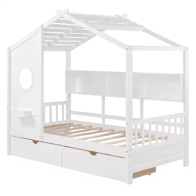 Hausbett mit Dach und Fenster, Holz-Tagesbettrahmen mit Regalen und 2 Schubladen für Kinder Mädchen Jungen, Weiß